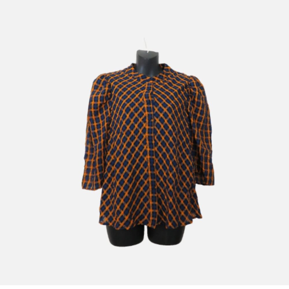 Eva Franco SIZE 6 Textured Plaid Blouse Button Down Puff Sleeve Orange Blue
